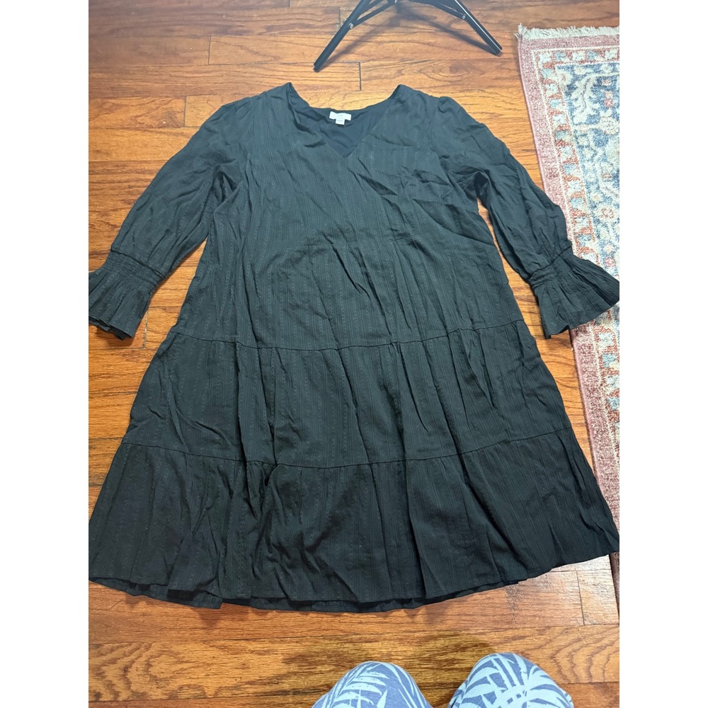 J. Jill Pure Jill Black Tiered Dobby Stripe V-Neck Dress Smocked Cuffs Large